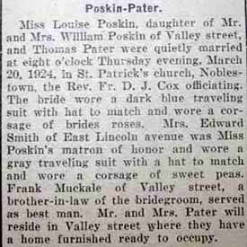 Marriage Notice for Thomas PATER to Louise Poskin, 20 Mar 1924