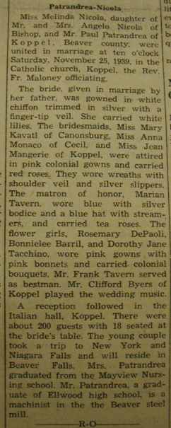 Marriage notice for <b></b>
Paul PATRANDREA to Melinda Nicola, 25 Nov 1939