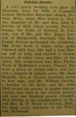 Marriage notice for Edward H. PATRICK to Grace L. Jericho, 16 Jun 1928