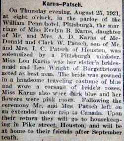 Marriage notice for Clark W. PATSCH to Evelyn B. Karns, 25 Aug 1921