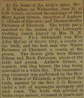 Part 1 Marriage notice for Thomas Shaffer PATTERSON to Mary Agnes Gibson, 24 Jun 1914