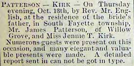James PATTERSON to Miss Jennie T. KIRK, Thursday, Oct. 13, 1892