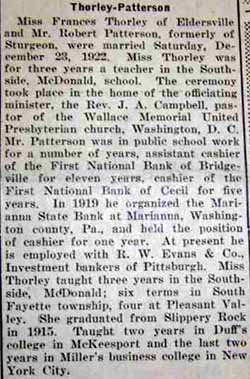 Marriage Notice for Robert PATTERSON to Frances Thorley, 23 Dec 1922