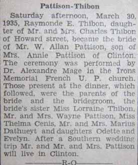Marriage Notice for W. Allan PATTISON to Raymonde E. Thibon, 30 Mar 1935