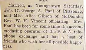 Marriage Notice for George A. PAUL to Miss Alice GIBSON, Sat., Feb. 17, 1906