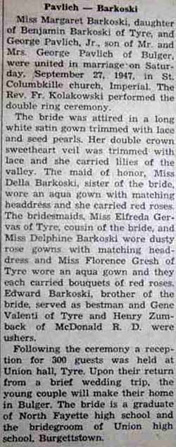 Marriage Notice for George PAVLICH, Jr. to Margaret Barkoski, 27 Sep 1947