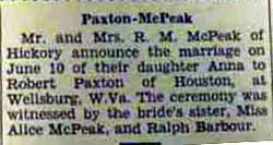 Marriage Notice for Robert PAXTON to Anna McPeak, 10 Jun 1936