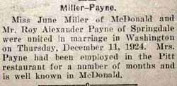 Marriage Notice for Roy Alexander PAYNE to June Miller, 11 Dec 1924
