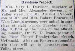 Marriage Notice for Adam J. PEACOCK to Mrs. Mary L. Davidson, 6 May 1924
