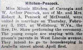 Marriage Notice for W. Arthur PEACOCK to Minnie Hitchen, 3 Feb 1921