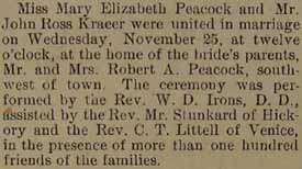 Marriage Notice for Clifford PEACOCK to Hazel Kraeer, no date, in 10-23-1914 paper
