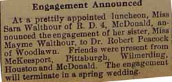 Marriage Notice for Dr. Robert PEACOCK to Miss Sara WALTHOUR, ENGAGEMENT