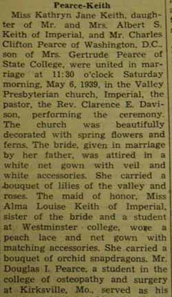 Part 1 Marriage Notice for Charles Clifton PEARCE to Kathryn Jane Keith, 6 May 1939