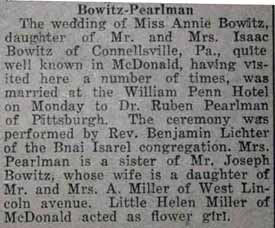 Marriage Notice for Ruben PEARLMAN to Annie Bowitz, Monday, December 25, 1922