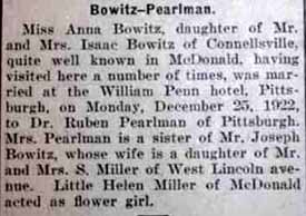 Marriage Notice for Ruben PEARLMAN to Annie Bowitz, December 25, 1922