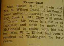 Marriage Notice for 
        S. Wilson PEASE to Mrs. Susan Malt, 4 Jun 1941