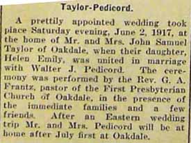 Marriage Notice for Walter J. PEDICORD to Helen Emily Taylor, 2 Jun 1917