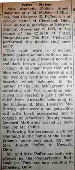 Marriage Notice for Clarence E. PEFFER to Wannetta Malone, 2 Nov 1947