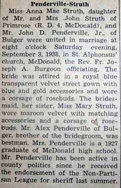 Marriage Notice for John D. PENDERVILLE, Jr. to Anna Mae Struth, 3 Sep 1938
