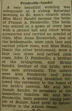 Marriage Notice for Francis A. PENDEVILLE to Mary Sandri, no date, in 8-21-1936 paper
