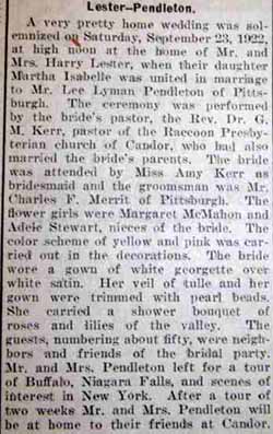 Marriage Notice for Lee Lyman PENDLETON to Martha Isabelle Lester, 23 Sep 1922