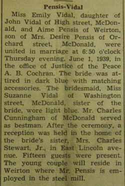 Marriage Notice for Aime PENSIS to Emily Vidal, 1 Jun 1939