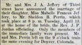 Marriage Notice for Sheldon B. PERRIN to Mabelle Frances Jeffery, 13 Apr 1909