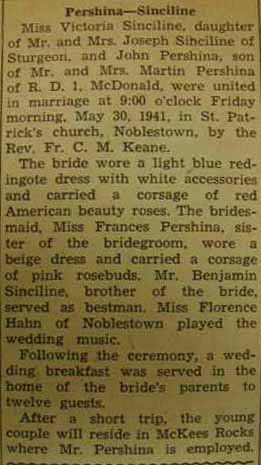 Marriage Notice for John PERSHINA to Victoria Sinciline, 30 May 1941