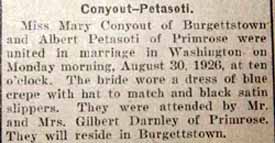 Marriage Notice for Albert PETASOTI to Mary Conyout, 30 Aug 1926