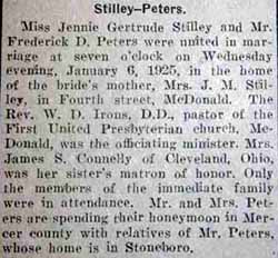 Marriage Notice for Frederick D. PETERS to Jennie Gertrude Stilley, 6 Jan 1925