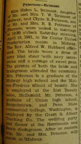 Marriage Notice for 
Clyde R. PETERSON to Helen L. Brimner, 19 apr 1941