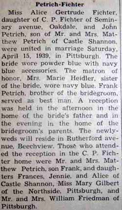 Marriage Notice for John PETRICH to Alice Gertrude Fichter, 15 Apr 1939