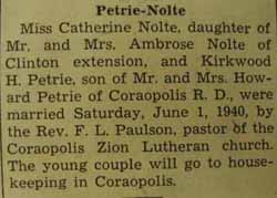 Marriage Notice for 
Kirkwood H. PETRIE to Catherine Nolte, 1 Jun 1940