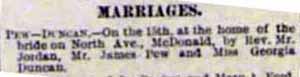 Marriage Notice for James PEW to Georgia Duncan, 15 Jul 1897