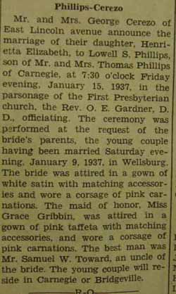 Marriage notice for Lowell S. PHILLIPS to Henrietta Elizabeth Cerezo, 9 or 15 Jan 1937