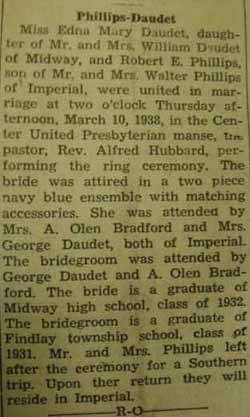 Marriage Notice for 
        Robert E. PHILLIPS to Edna Mary Daudet, 10 Mar 1938