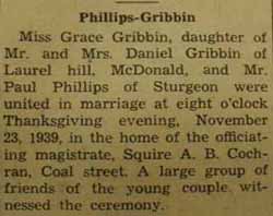Marriage Notice for 
Paul PHILLIPS to Grace Gribbin, 23 Nov 1939