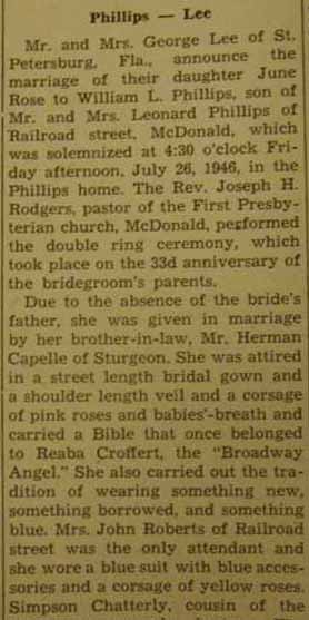 Part 1 Marriage Notice for William L. PHILLIPS to June Rose Lee, 26 Jul 1946