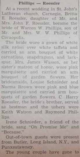 Part 1 Marriage Notice for Warren W. PHILLIPS to Britta E. Roessler, no date, in 9-5-1947 paper