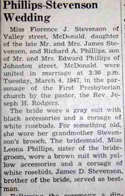Part 1 Marriage Notice for Richard A. PHILLIPS to Florence J. Stevenson, 4 Mar 1947