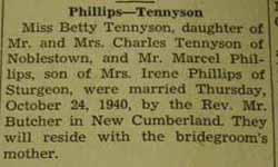 Marriage notice for 
Marcel PHILLIPS to Betty Tennyson, 24 Oct 1940