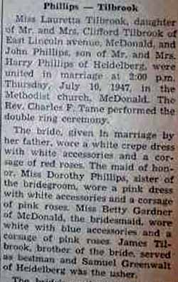 Part 1 Marriage Notice for John PHILLIPS to Lauretta Tilbrook, 10 Jul 1947