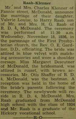 Marriage Notice for Harry RAAB to Valerie Louise Klenner, 18 Nov 1936