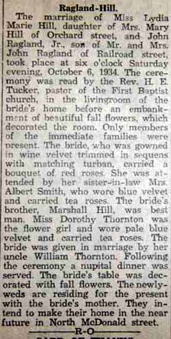 Marriage Notice for John, Jr. RAGLAND, to Lydia Marie Hill, 6 Oct 1934