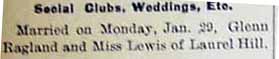 Marriage Notice for  Glenn RAGLAND to Miss ___ LEWIS, Mon., Jan. 29, 1906