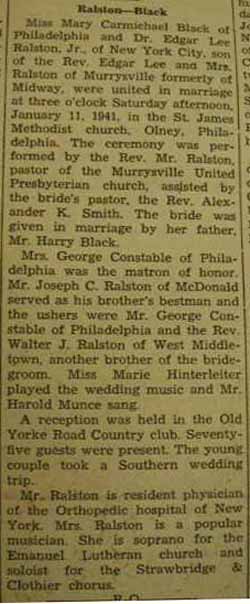 Marriage Notice for Edgar Lee RALSTON, Jr. to Mary Carmichael Black, 11 Jan 1941
