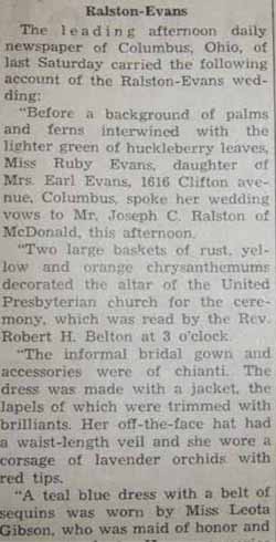 Part 1 Marriage Notice for Joseph C. RALSTON to Ruby Evans, no date, in 12-2-1938 paper