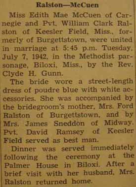 Marriage Notice for William Clark RALSTON to Edith Mae McCuen, 7 Jul 1942