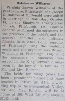 Marriage Notice for Joseph C. RALSTON to Virginia Brown Wilharm, 18 Oct 1947