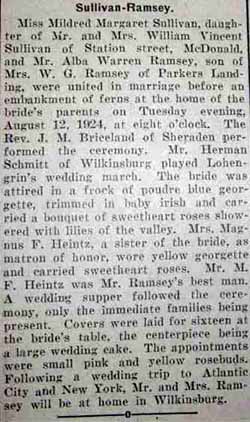 Marriage Notice for Alba Warren RAMSEY to Mildred Margaret Sullivan, 12 Aug 1924